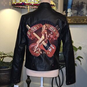 Women's Black Faux Leather Jacket with Randy Rogers Back Graphic Size Large